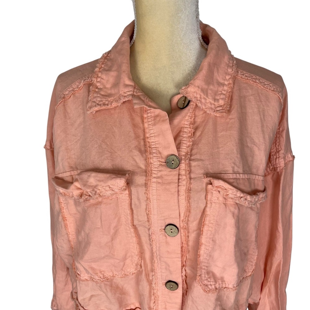 Zara Peach Coral Button Up Frayed Hem Cropped Jacket Womens Large - Picture 2 of 9